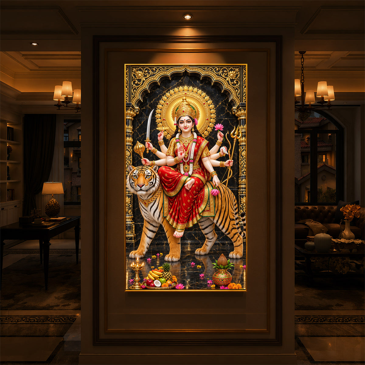 Goddess Ashtabhuja Durga Modern Luxury Backlight Vertical Wall Art