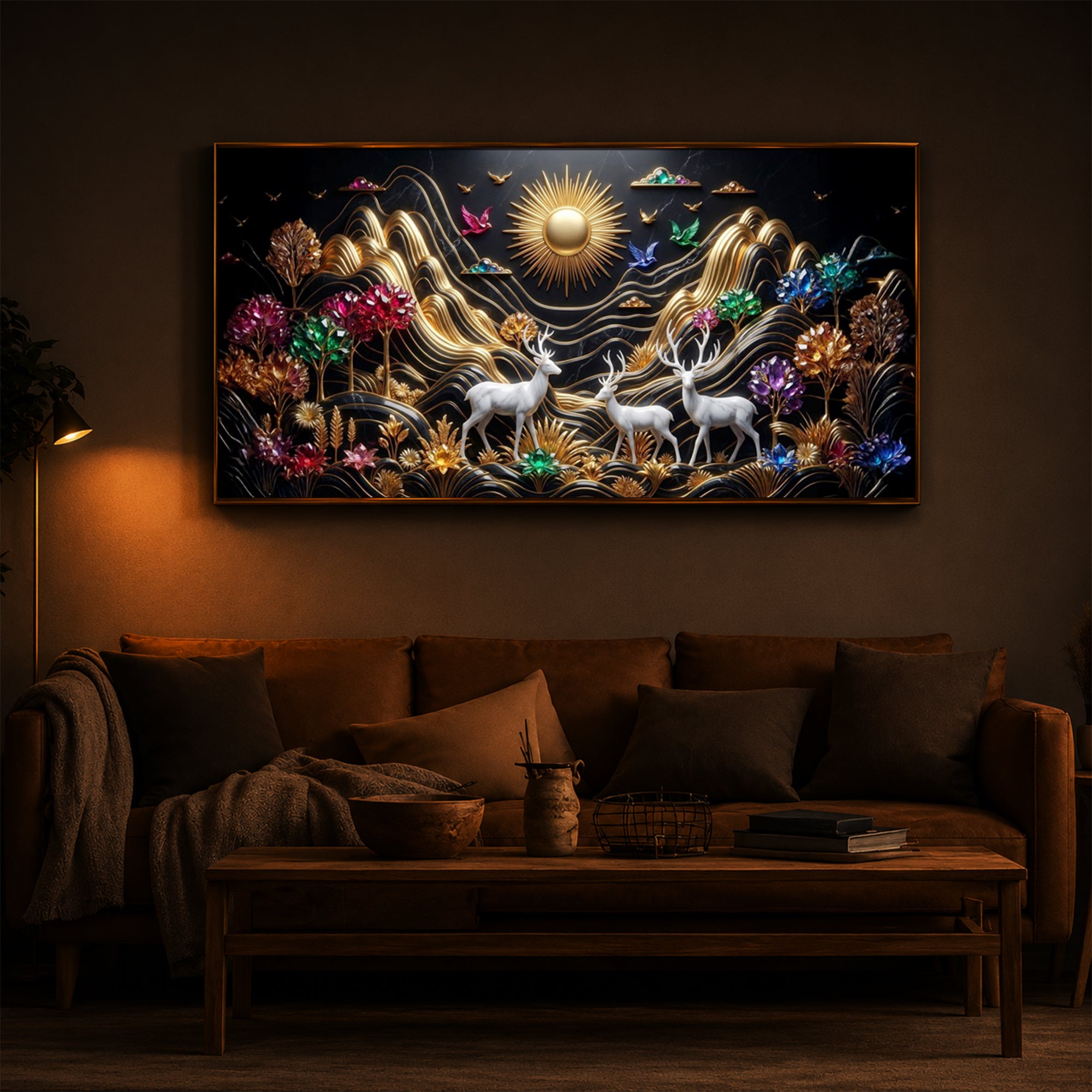 White Deer With Sun Modern Luxury Backlight Horizontal Wall Art