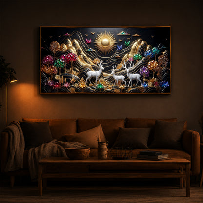 White Deer With Sun Modern Luxury Backlight Horizontal Wall Art