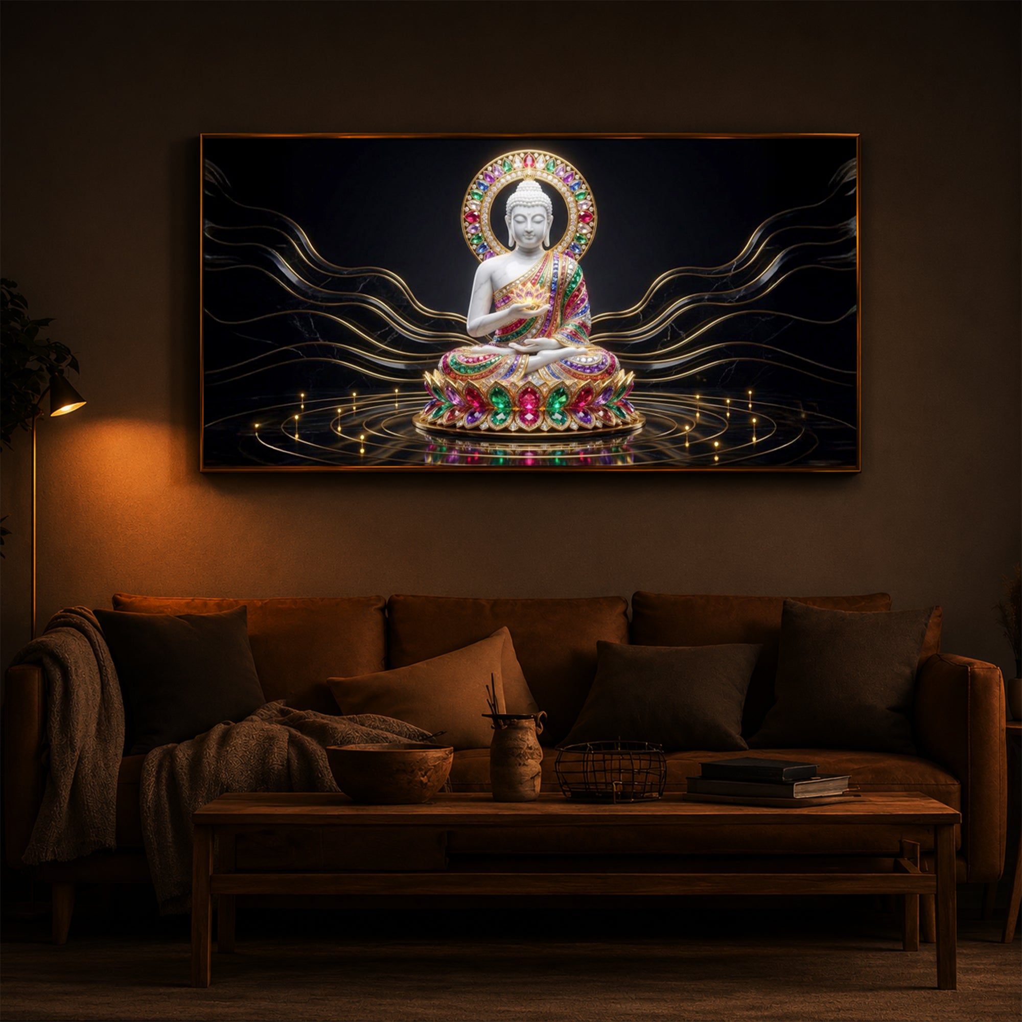 White Buddha Statue Modern Luxury Backlight Horizontal Wall Art