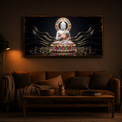 White Buddha Statue Modern Luxury Backlight Horizontal Wall Art