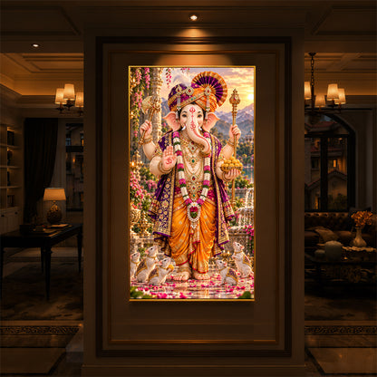 Lord Ganesha with Mushak Modern Luxury Backlight Vertical Wall Art