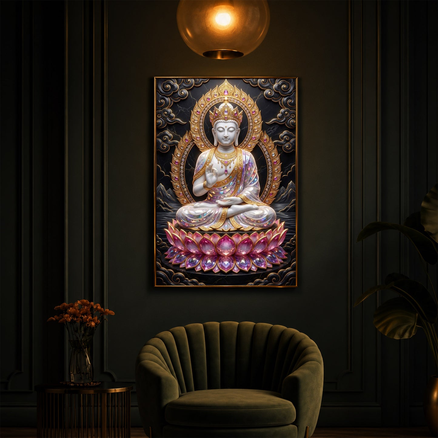 Buddha Seated On A Pink Lotus Modern Luxury Backlight Vertical Wall Art