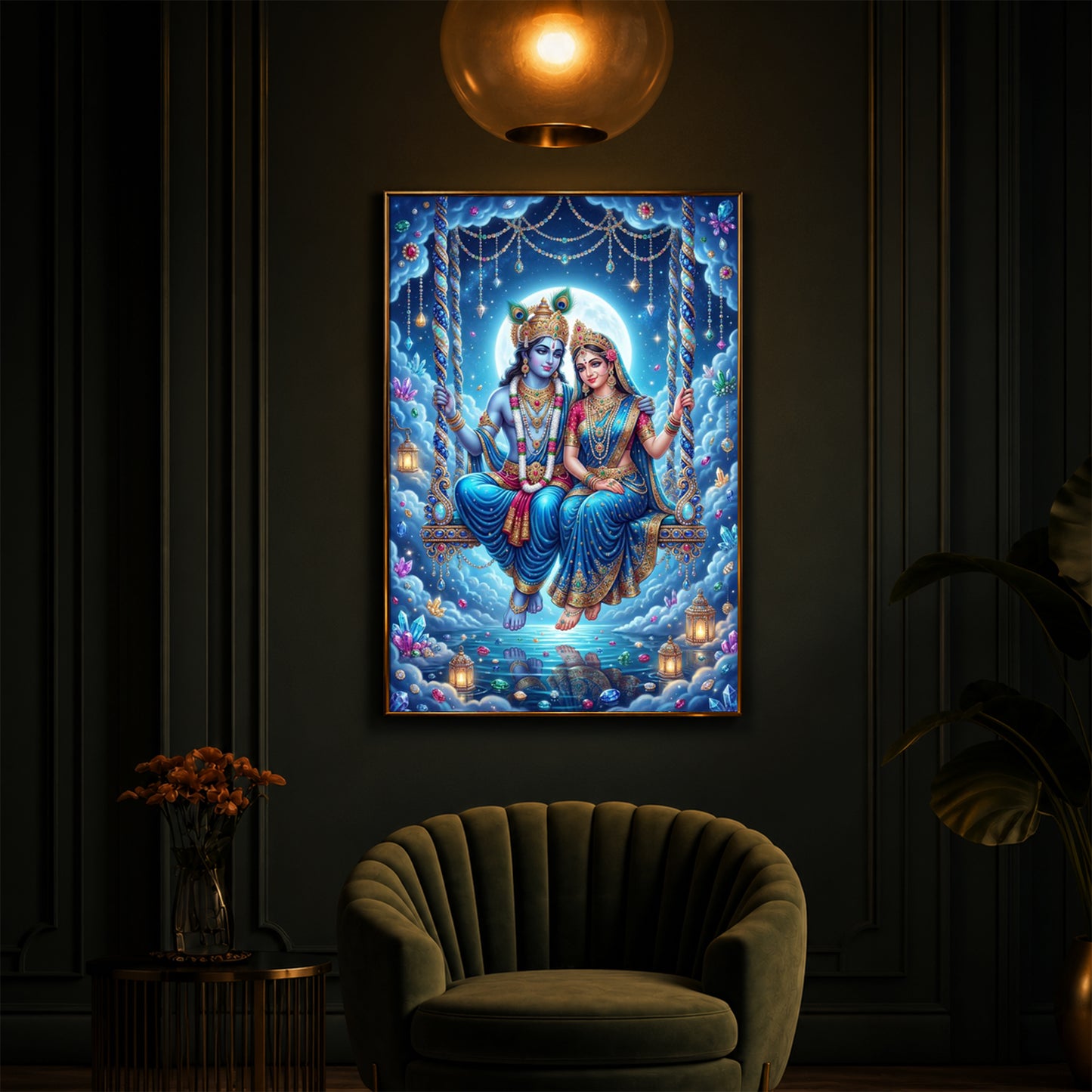 Hindu Deities Radha Krishna Modern Luxury Backlight Vertical Wall Art