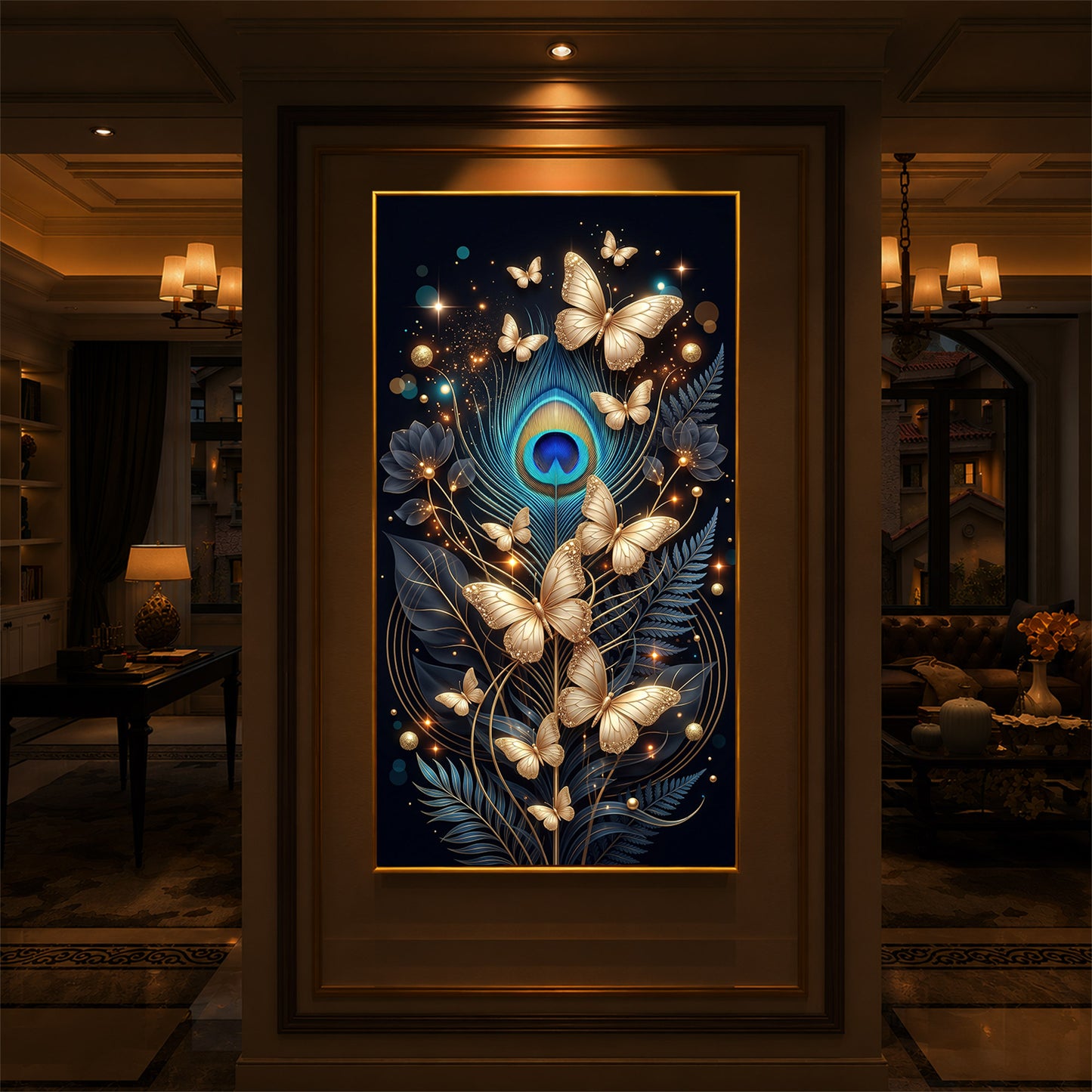Golden Butterflies & Peacock Feather Modern Luxury Backlight Vertical Wall Art
