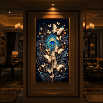 Golden Butterflies & Peacock Feather Modern Luxury Backlight Vertical Wall Art