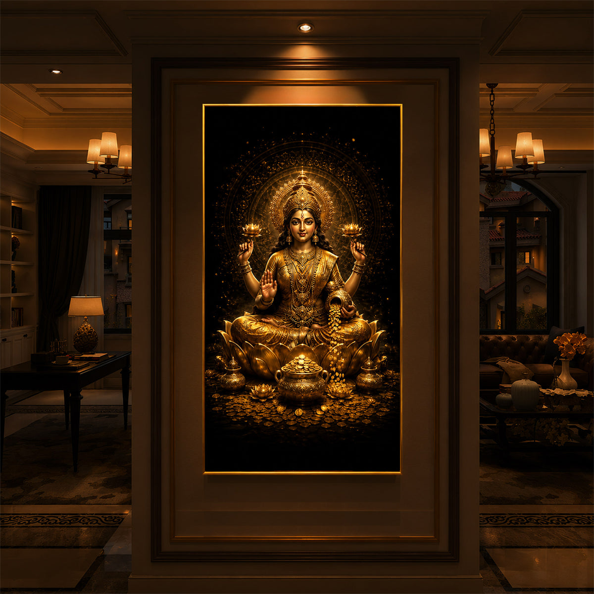 Divine Goddess Laxmi Golden Lotus Modern Luxury Backlight Vertical Wall Art