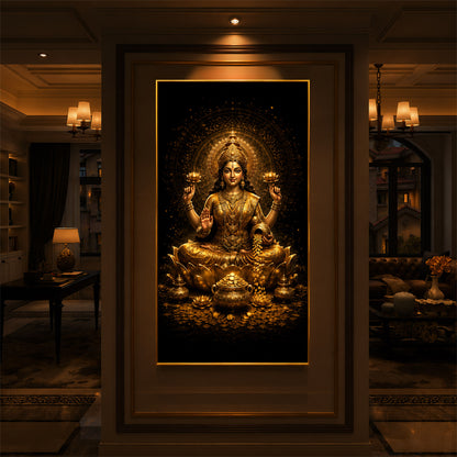 Divine Goddess Laxmi Golden Lotus Modern Luxury Backlight Vertical Wall Art