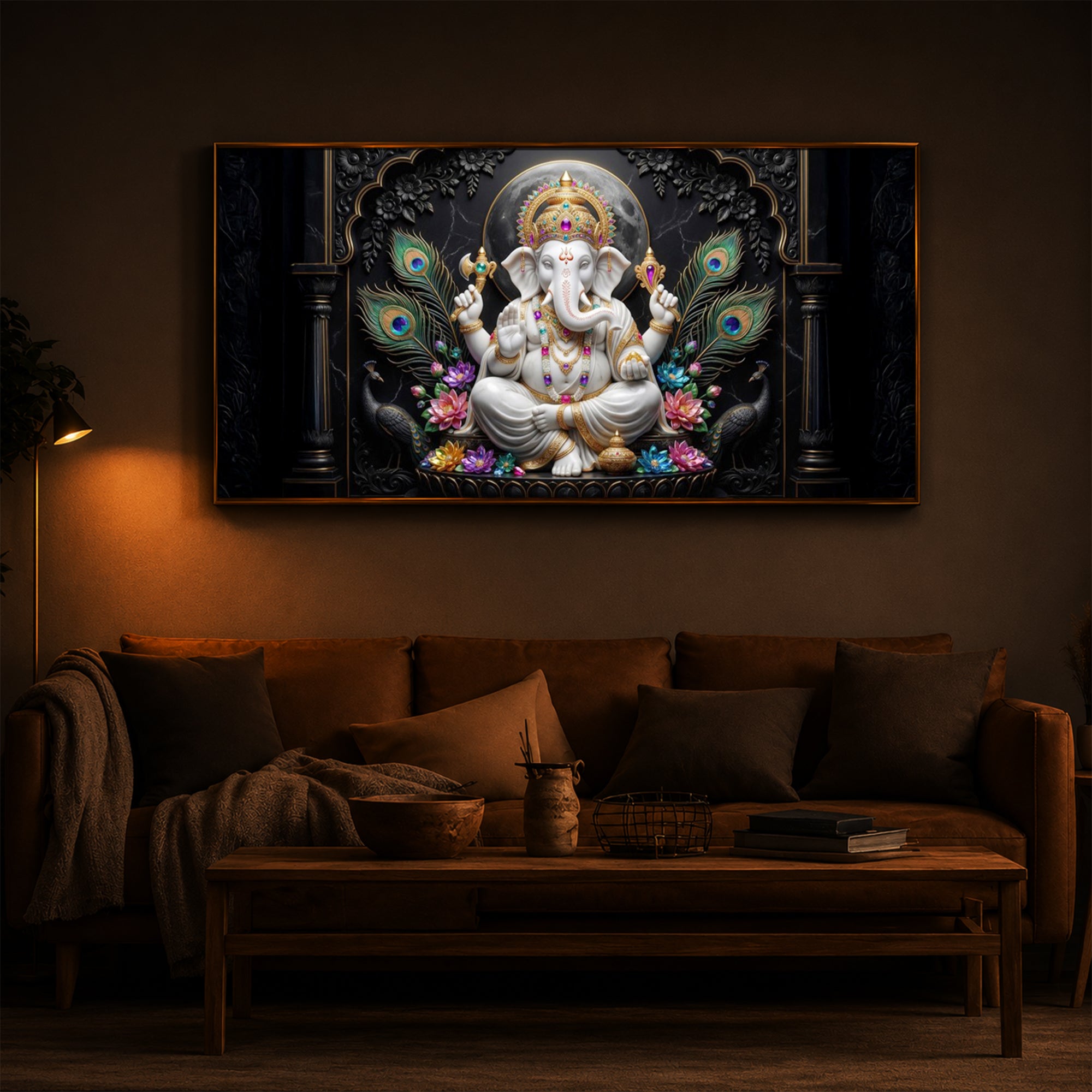 Lord Ganesha With Peacock Feather Modern Luxury Backlight Horizontal Wall Art