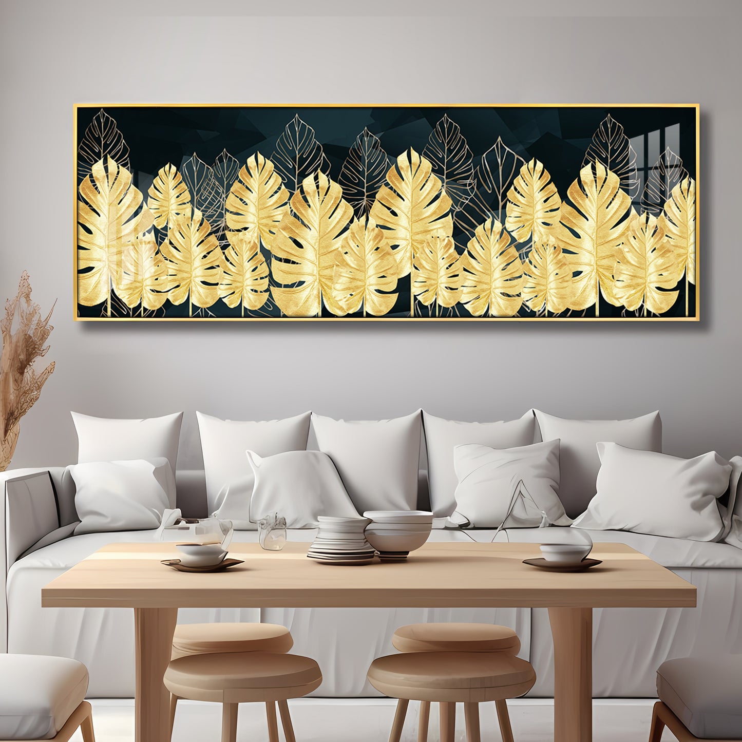 Golden Monstera Leaf Premium Acrylic Horizontal Wall Art