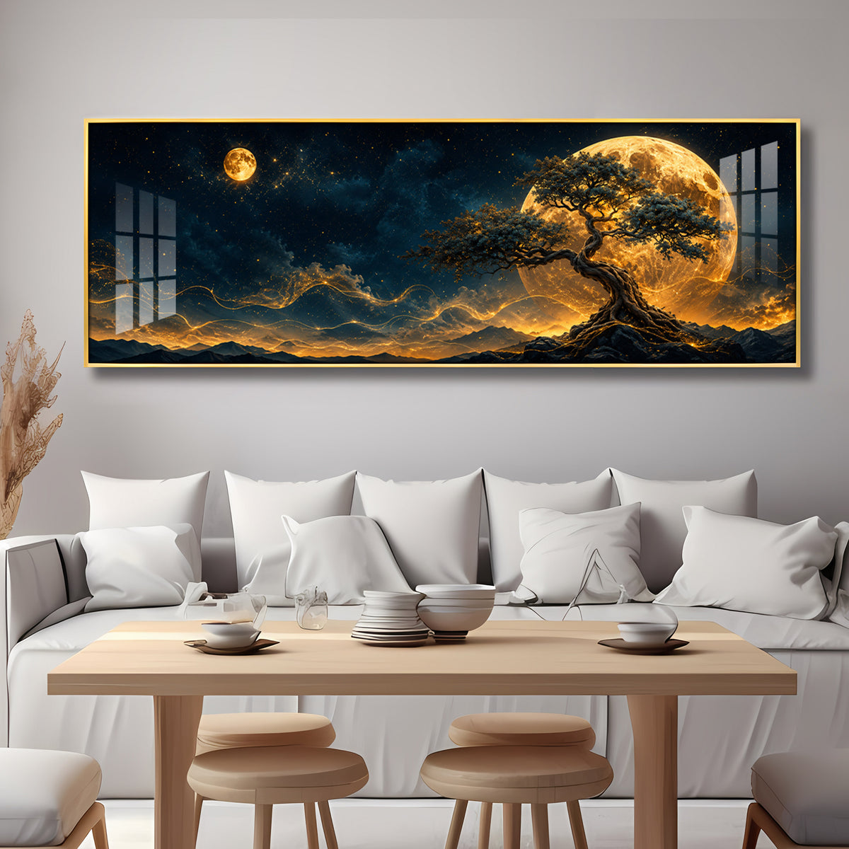 Golden Full Moon Bonsai Tree Premium Acrylic Horizontal Wall Art