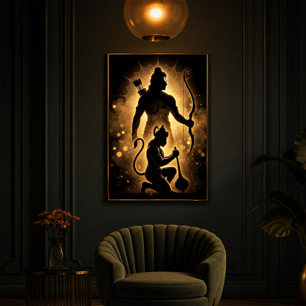 Lord Ram & Hanuman Modern Luxury Backlight Vertical Wall Art