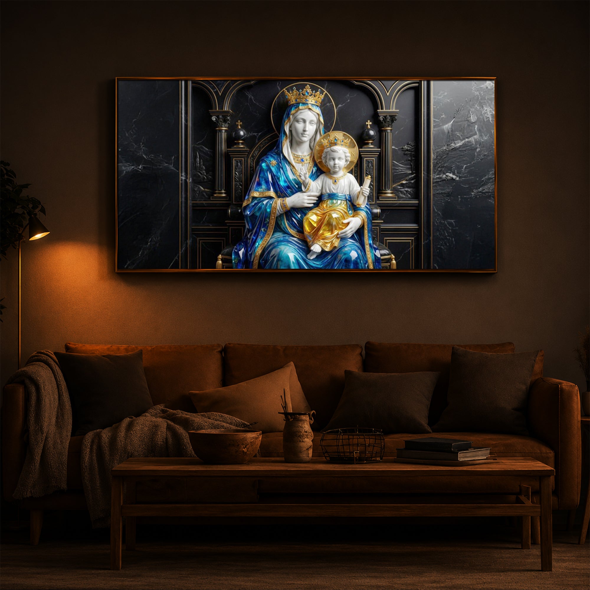 Mother Mary Holding Baby Jesus Modern Luxury Backlight Horizontal Wall Art