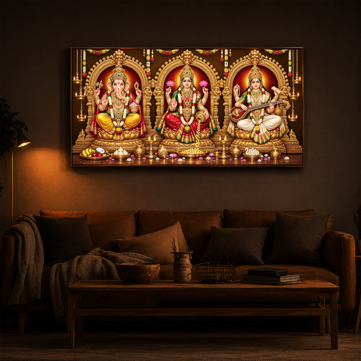 Lord Ganesha, Goddess Lakshmi, and Goddess Saraswati Modern Luxury Backlight Horizontal Wall Art