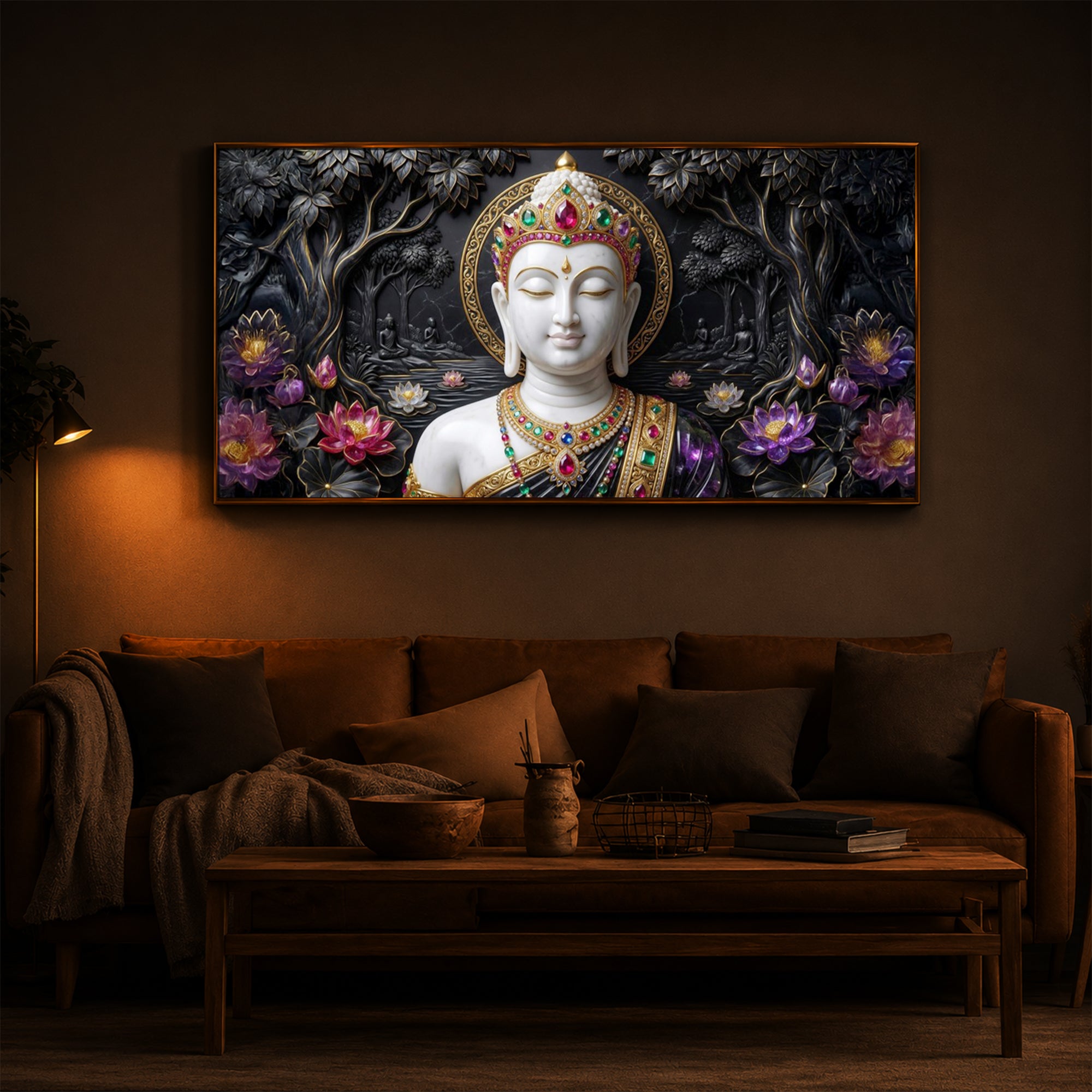 Lotus Serenity Lord Buddha Modern Luxury Backlight Horizontal Wall Art