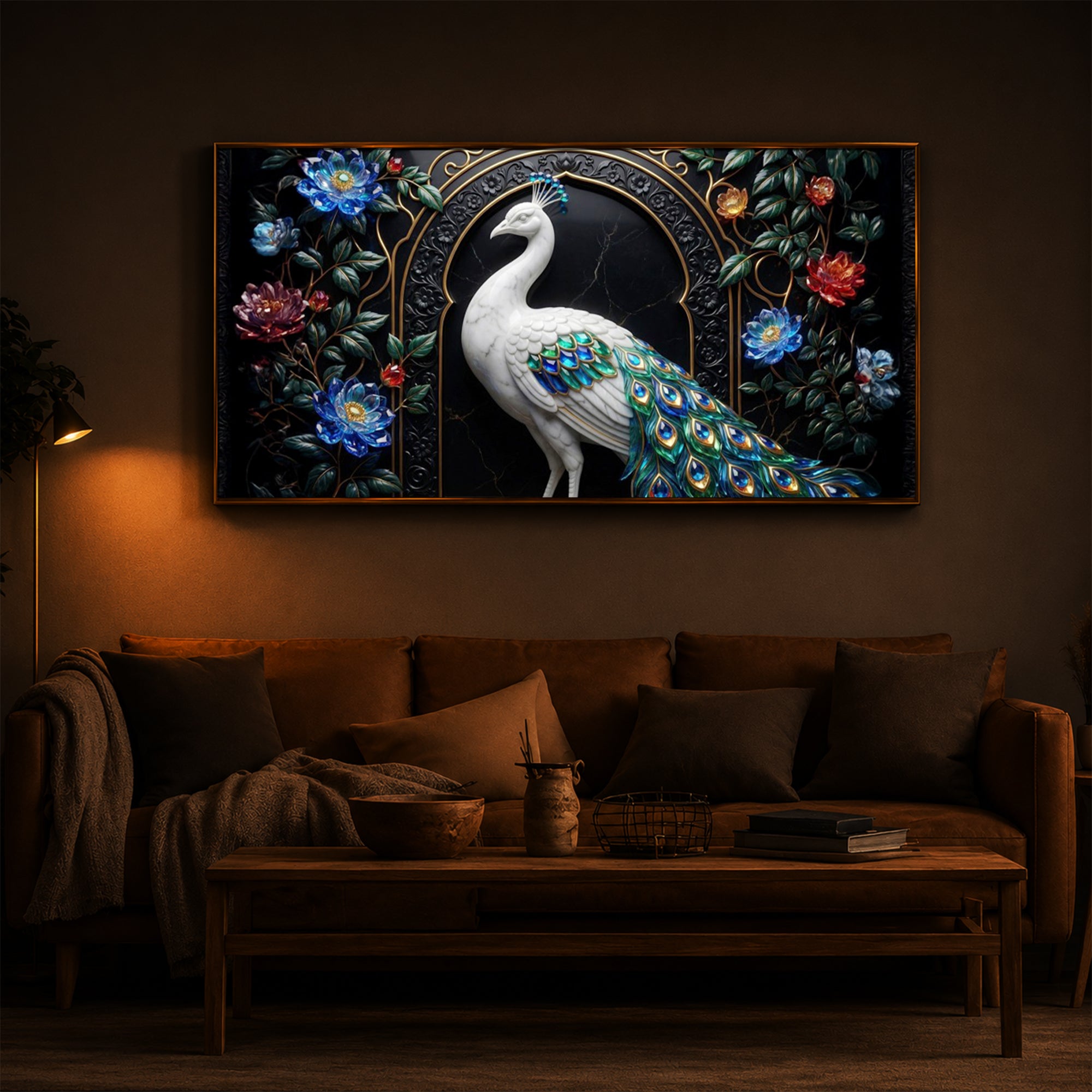 Majestic Peacock With Flower Modern Luxury Backlight Horizontal Wall Art