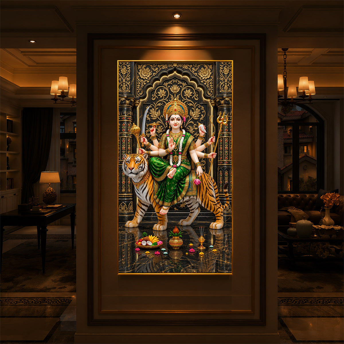 Maa Durga In Green Saree Modern Luxury Backlight Vertical Wall Art