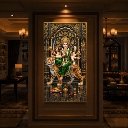 Maa Durga In Green Saree Modern Luxury Backlight Vertical Wall Art