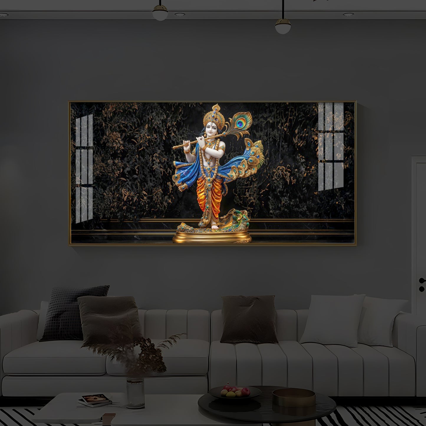 Lord Krishna With Flute Modern Luxury Backlight Horizontal Wall Art