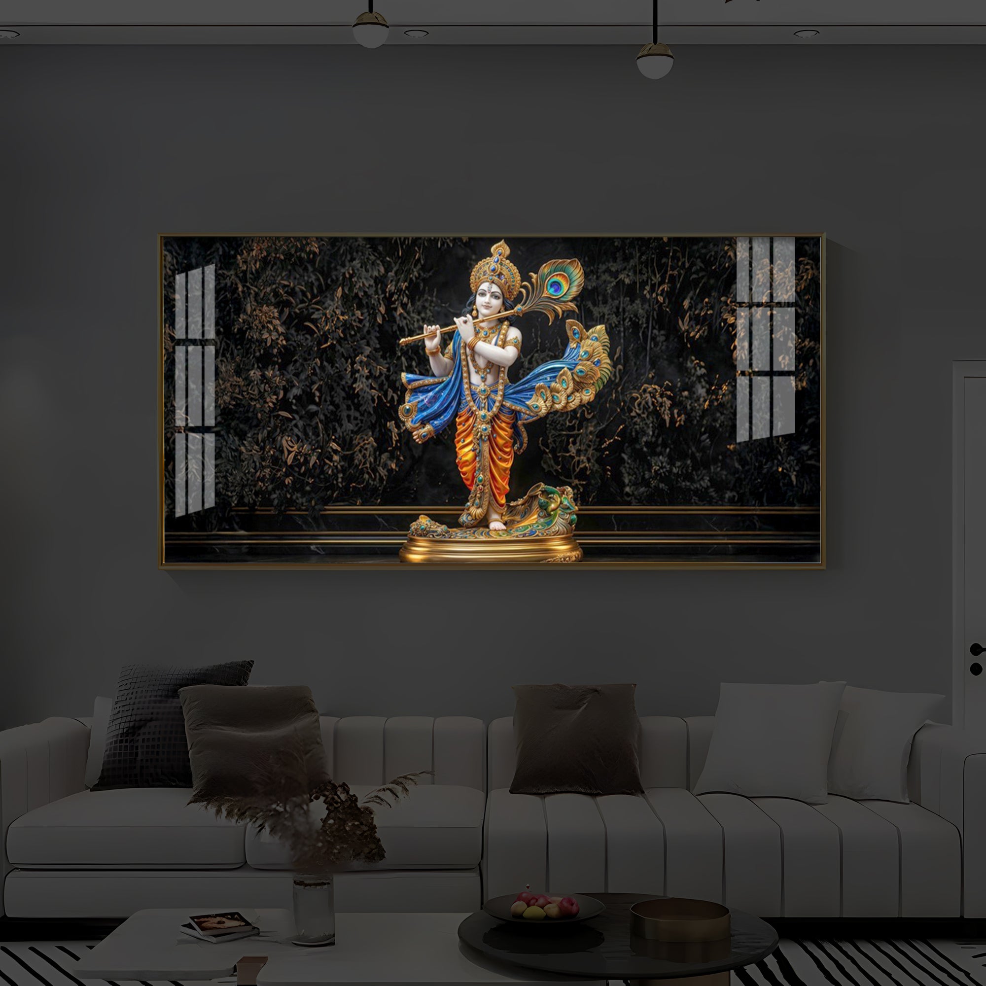 Lord Krishna With Flute Modern Luxury Backlight Horizontal Wall Art