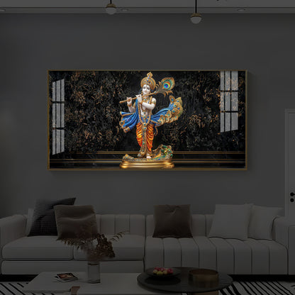 Lord Krishna With Flute Modern Luxury Backlight Horizontal Wall Art