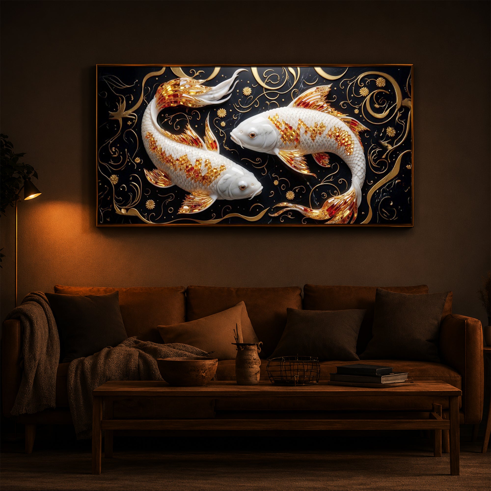 Two Golden Koi Fish Modern Luxury Backlight Horizontal Wall Art