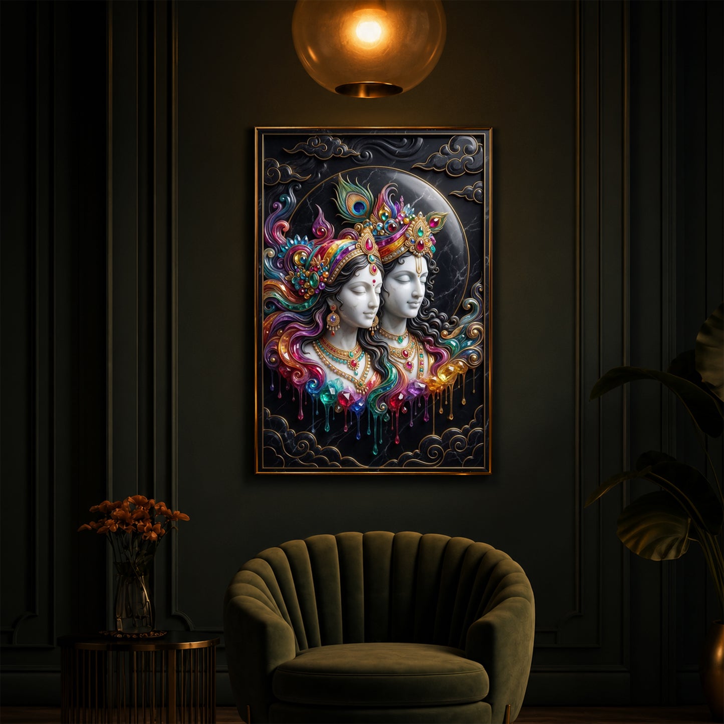 Shri Radha Krishna Modern Luxury Backlight Vertical Wall Art
