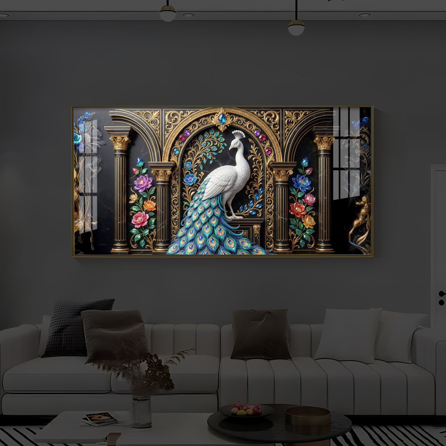 White Peacock Against A Dark Modern Luxury Backlight Horizontal Wall Art