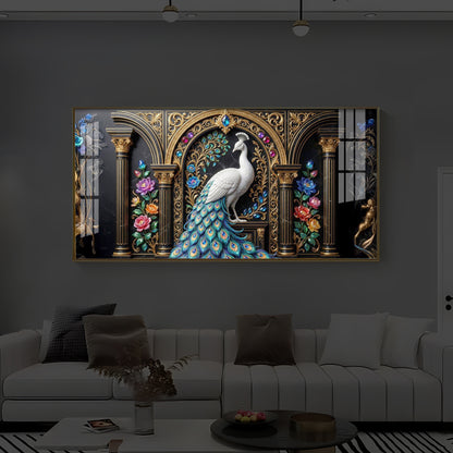 White Peacock Against A Dark Modern Luxury Backlight Horizontal Wall Art