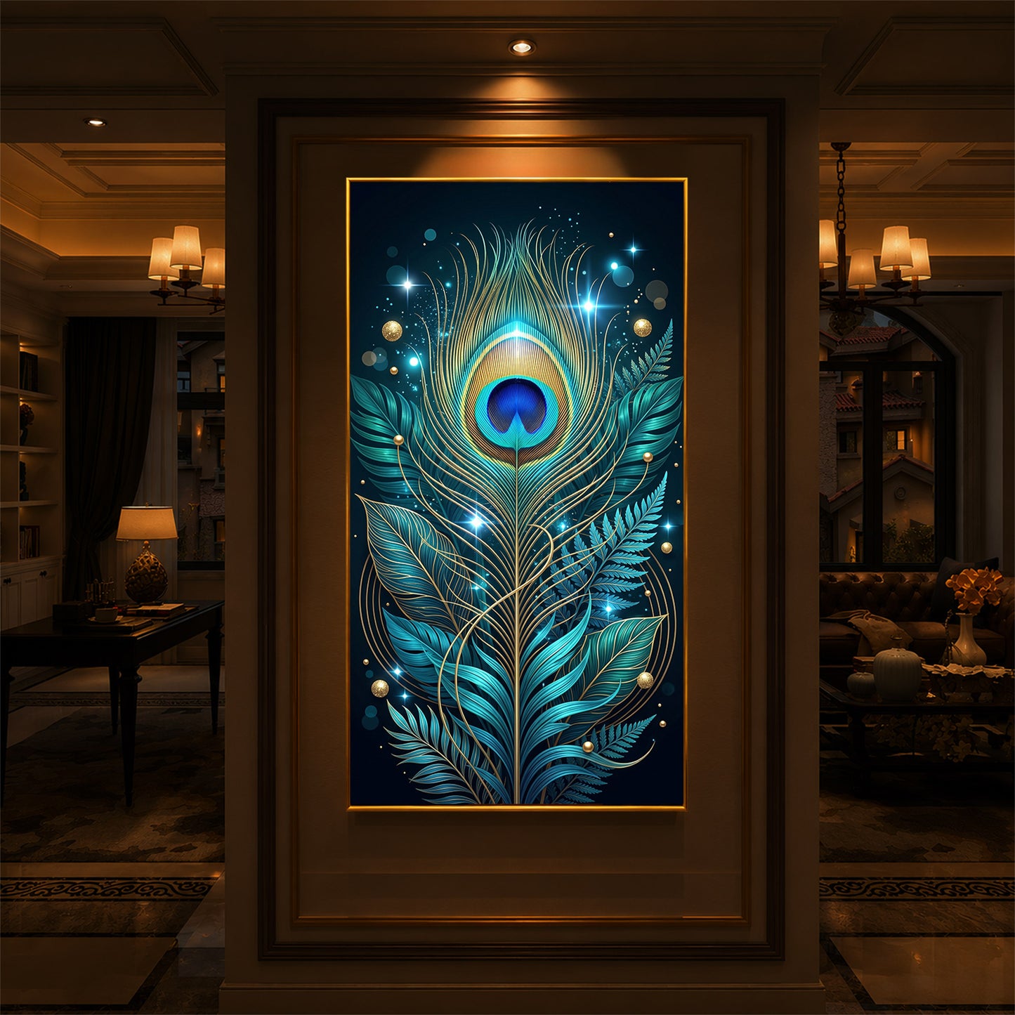 Radiant Peacock Feather Modern Luxury Backlight Vertical Wall Art