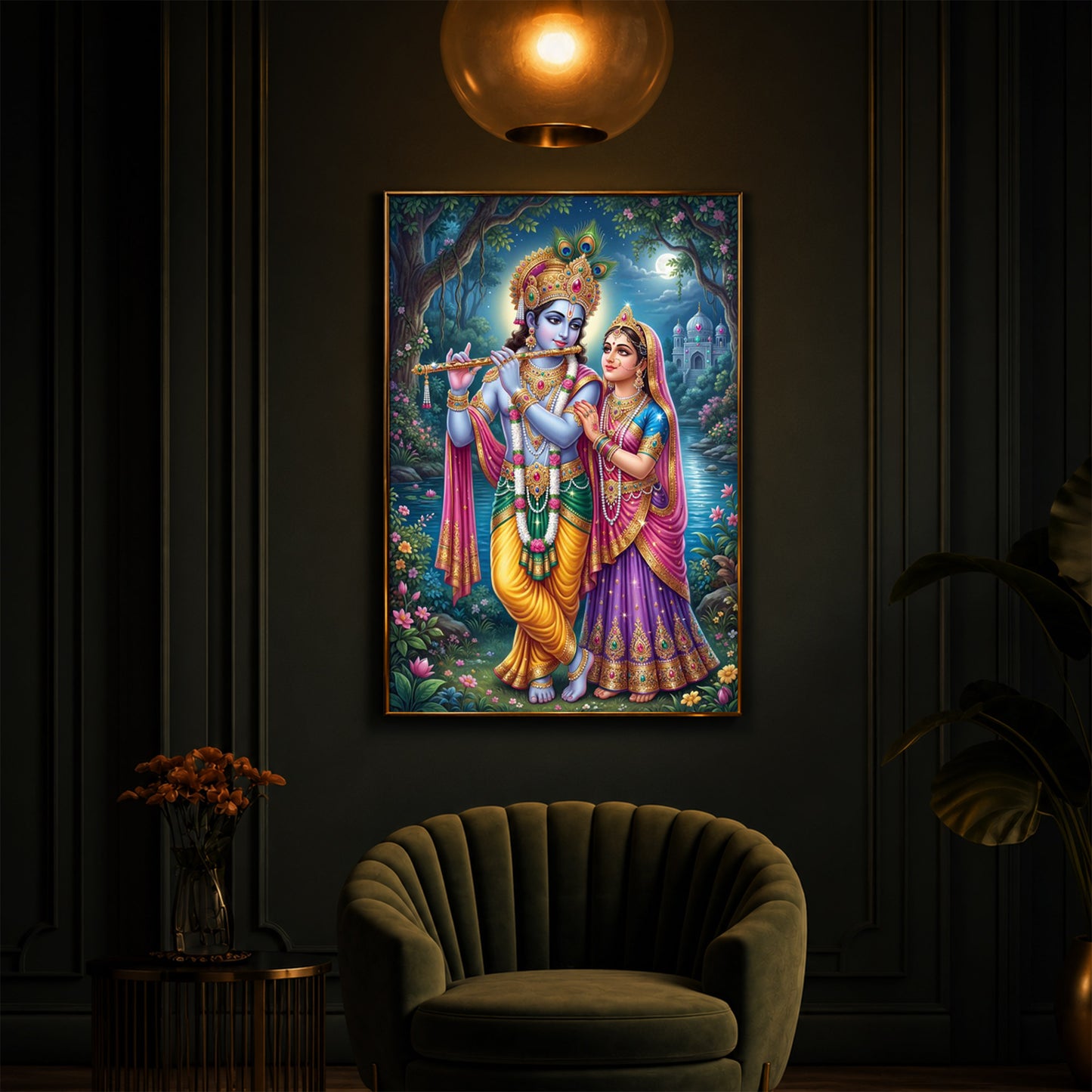 Hindu Deities Radha and Krishna Modern Luxury Backlight Vertical Wall Art
