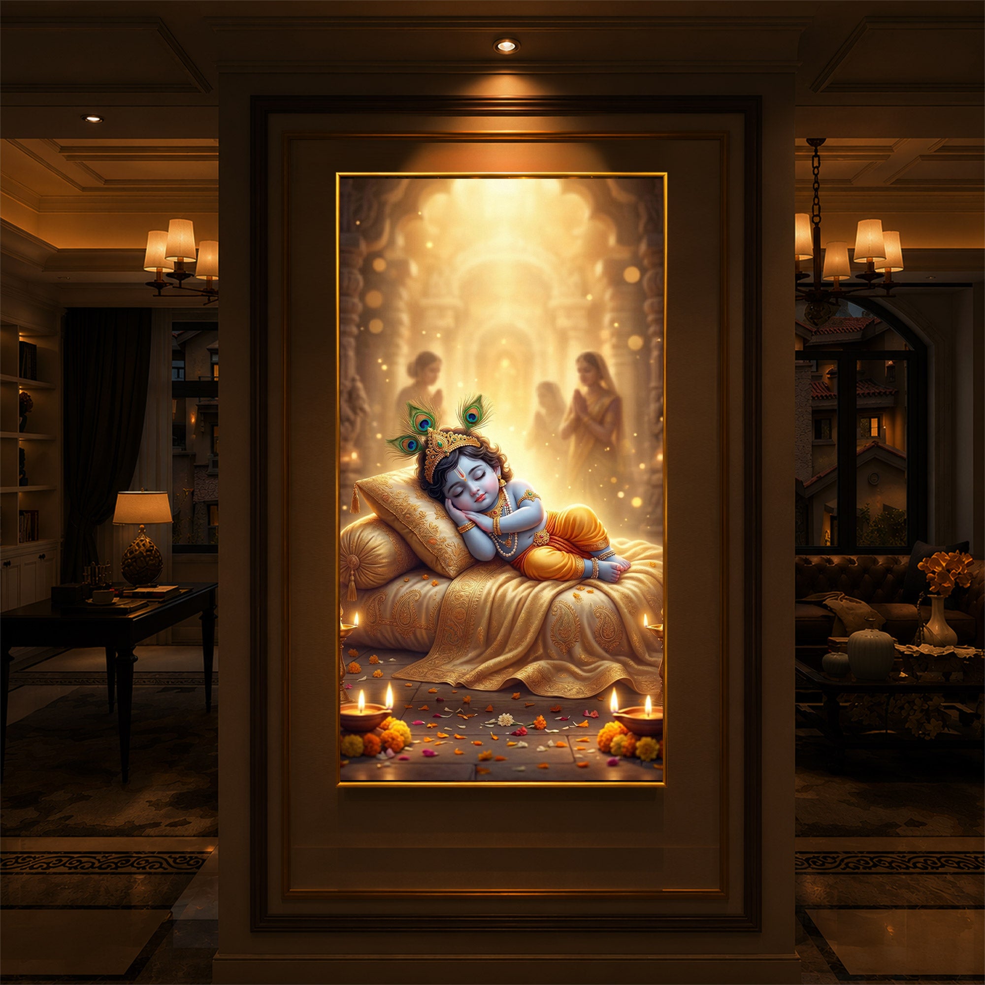 Sleeping Little Krishna Ji Modern Luxury Backlight Vertical Wall Art