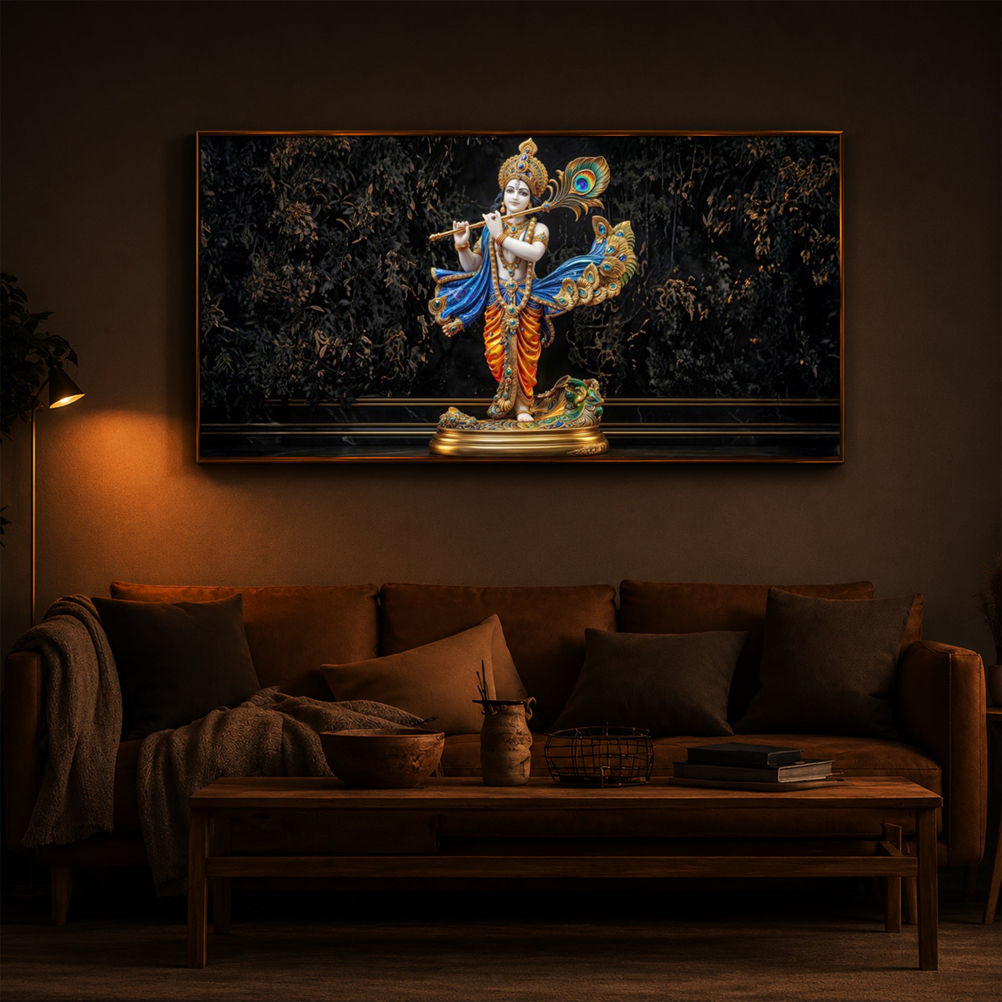 Lord Krishna With Flute Modern Luxury Backlight Horizontal Wall Art