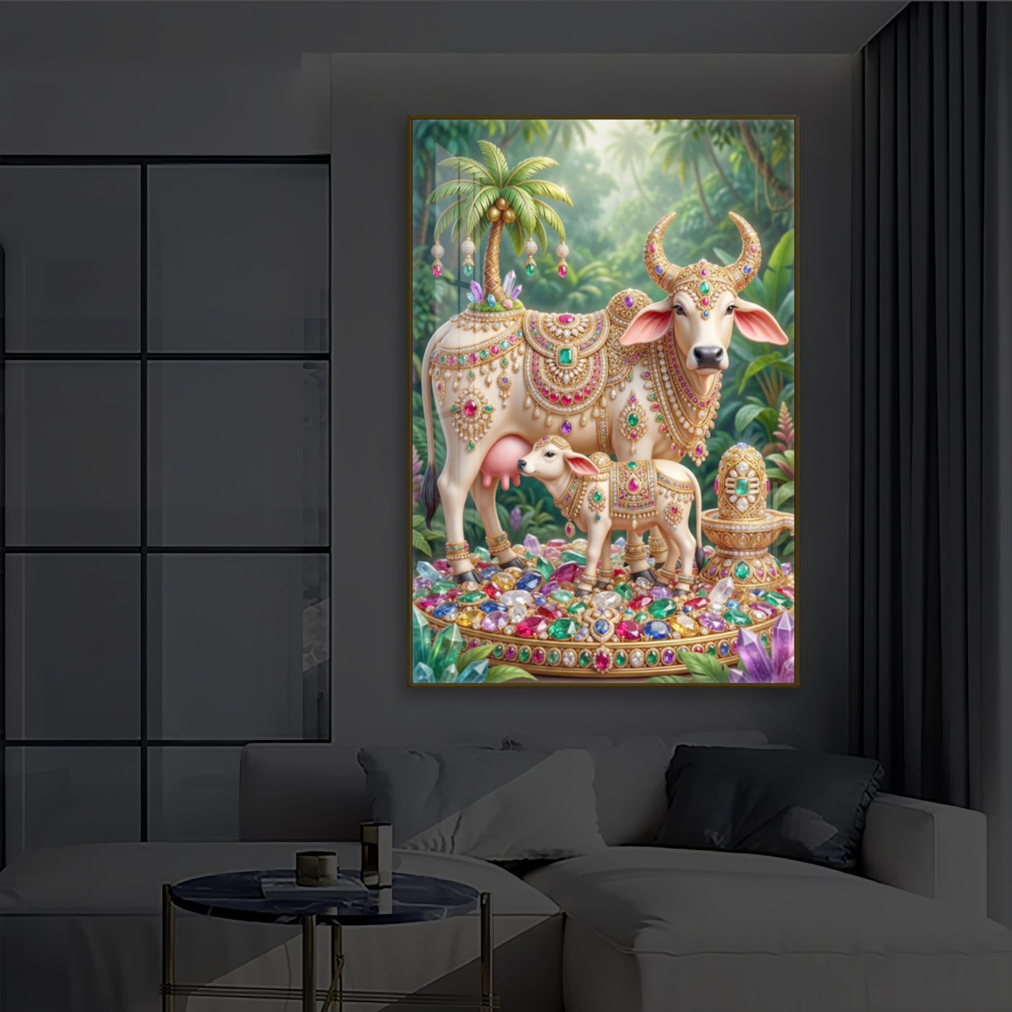 Kamadhenu Cow With Shiv Ji Modern Luxury Backlight Vertical Wall Art