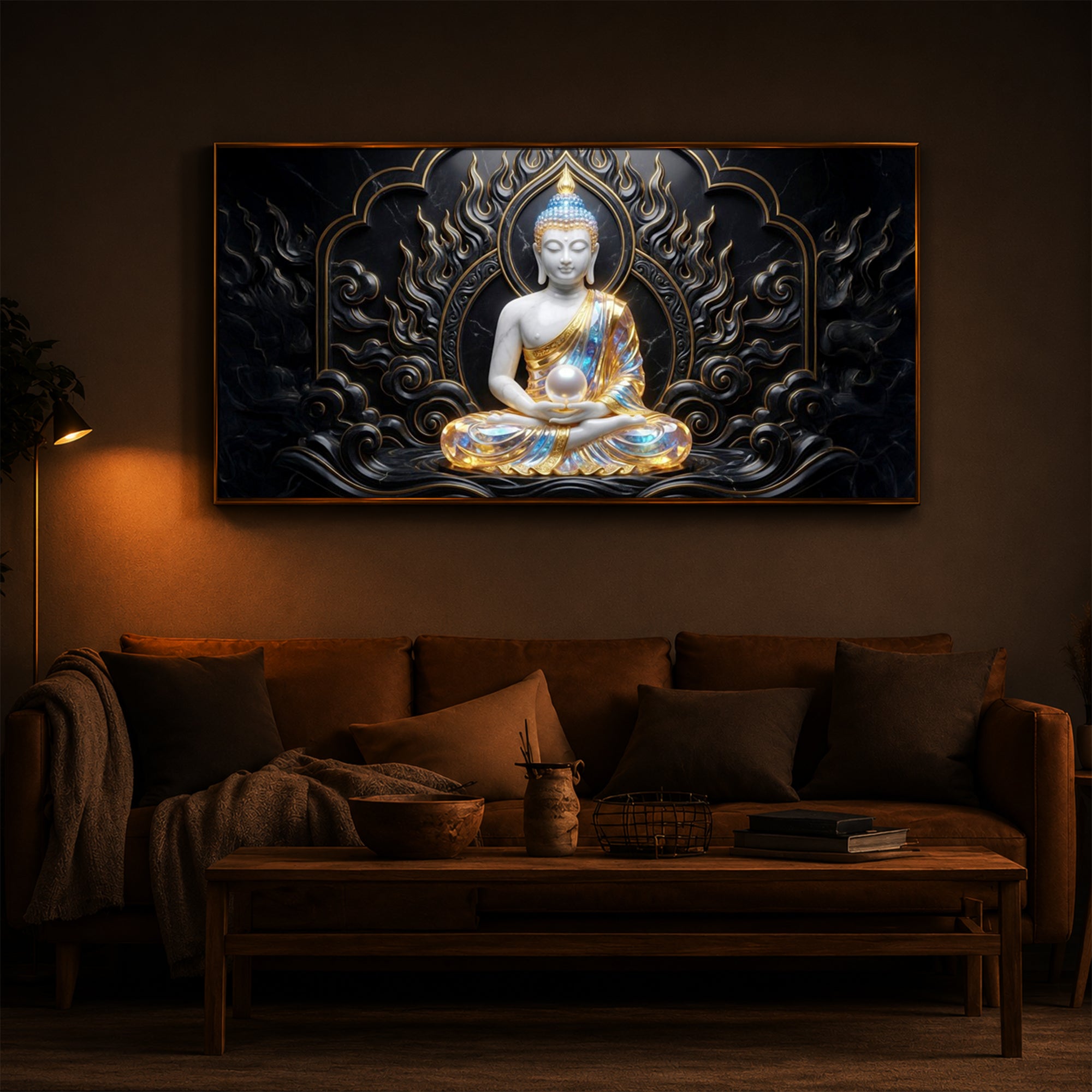 Meditating Buddha Ji Modern Luxury Backlight Horizontal Wall Art