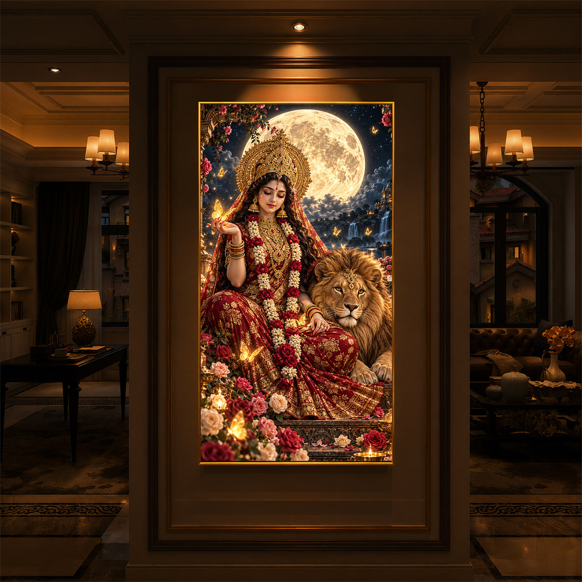 Maa Durga Moonlit Modern Luxury Backlight Vertical Wall Art