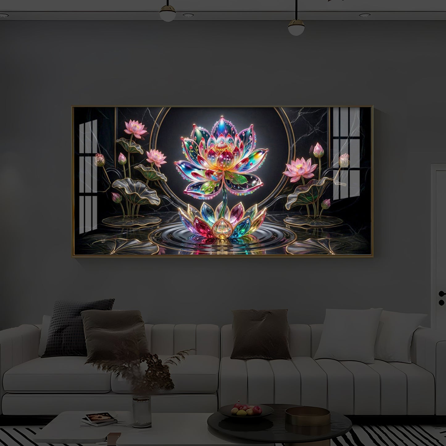 Colorful Lotus Flower Modern Luxury Backlight Horizontal Wall Art