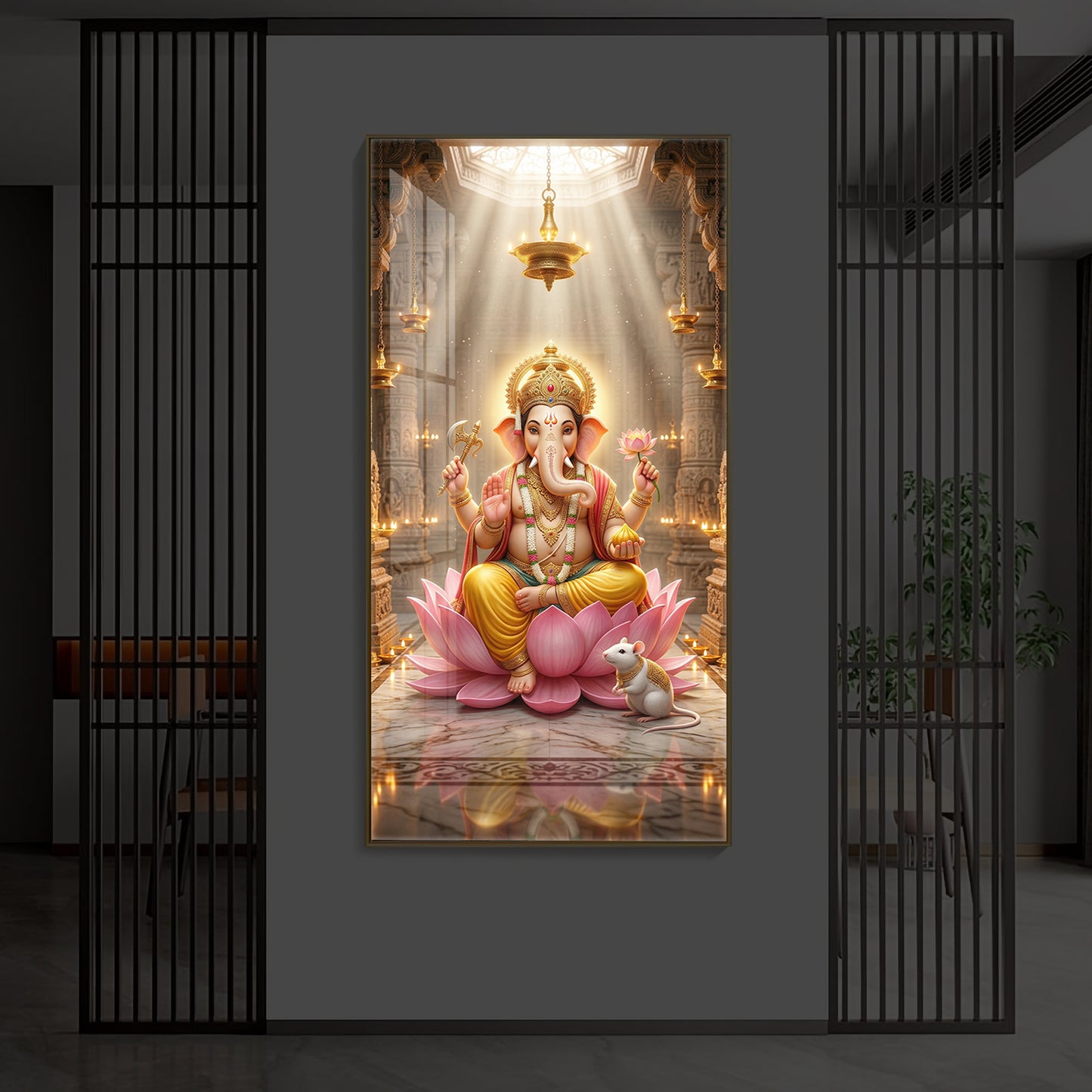 Lord Ganesh Ji On Lotus Modern Luxury Backlight Vertical Wall Art