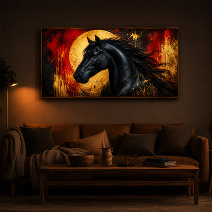 Black Horse With Abstract Background Modern Luxury Backlight Horizontal Wall Art