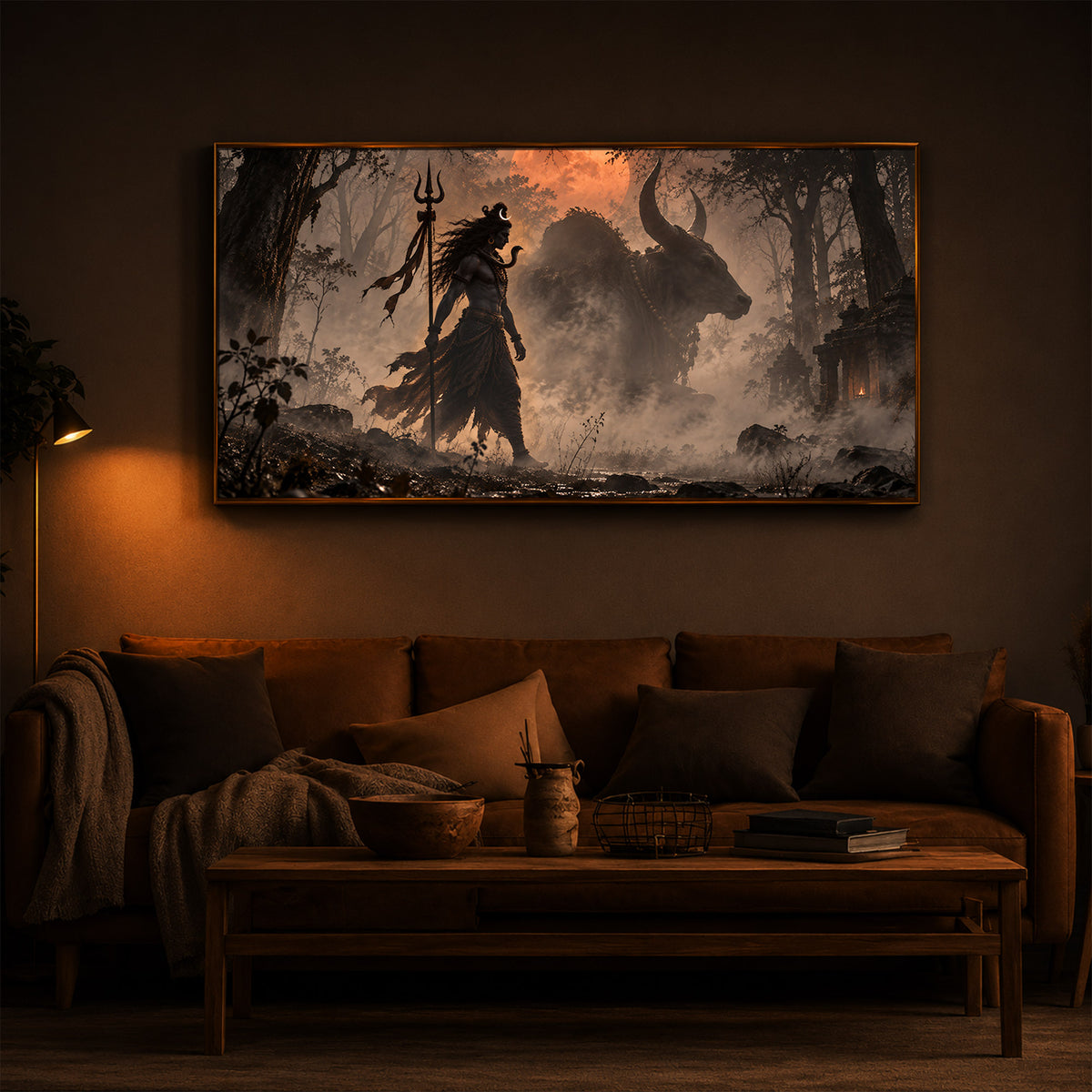 Shiva & Nandi In Forest Modern Luxury Backlight Horizontal Wall Art