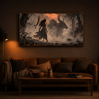 Shiva & Nandi In Forest Modern Luxury Backlight Horizontal Wall Art