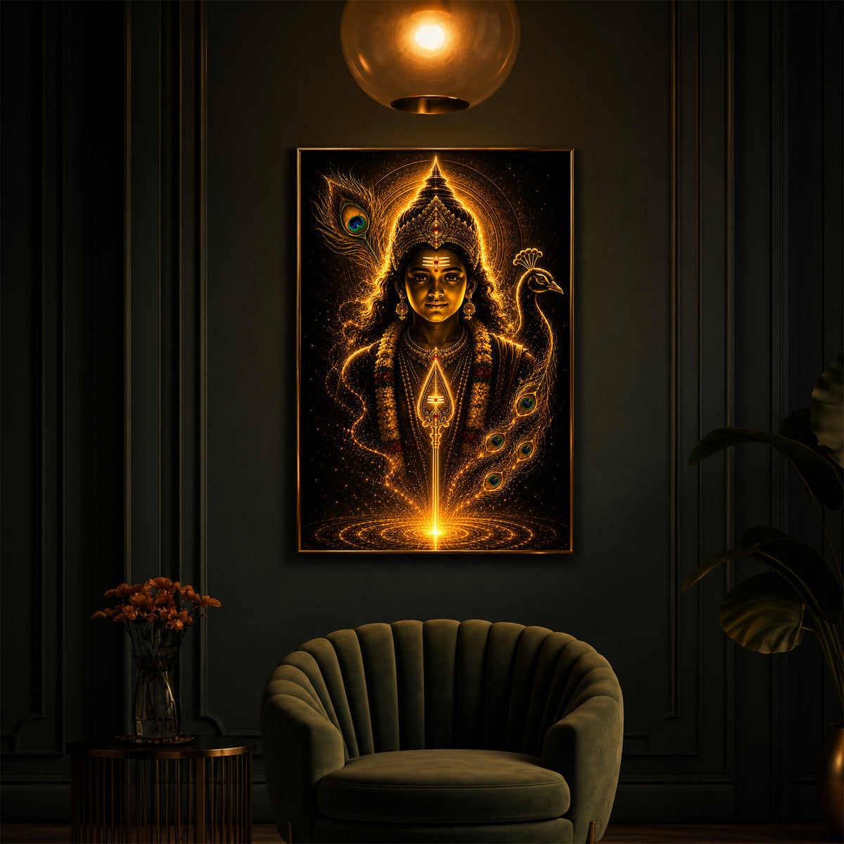 Divine Murugan With Peacock Modern Luxury Backlight Vertical Wall Art