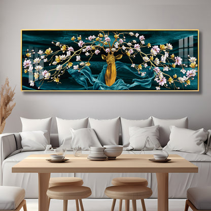 Golden Deer With Flowering Premium Acrylic Horizontal Wall Art