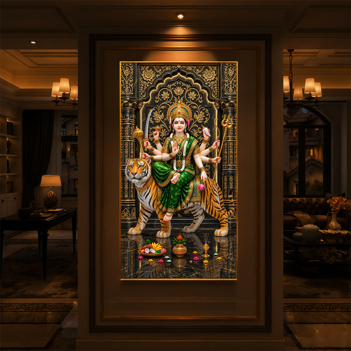 Maa Durga In Green Saree Modern Luxury Backlight Vertical Wall Art