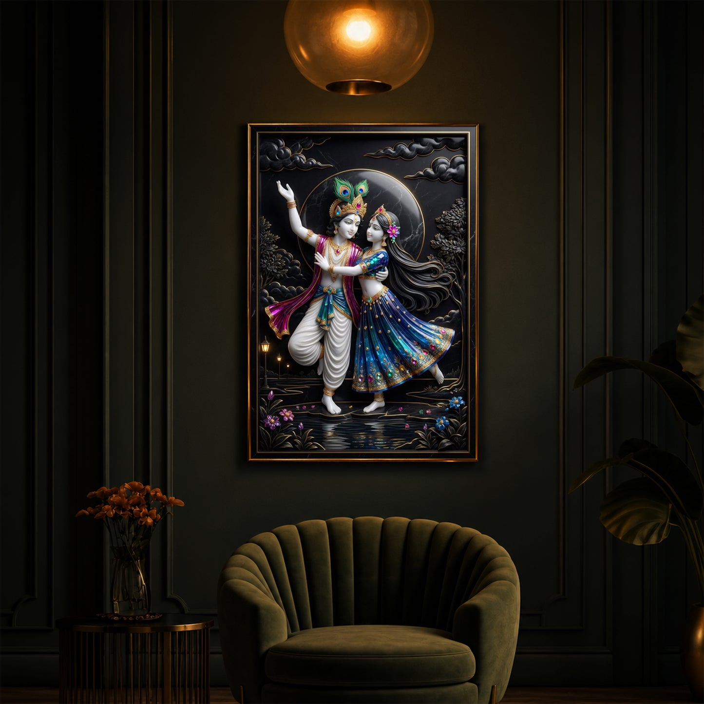 Radha Krishna Dancing Together Modern Luxury Backlight Vertical Wall Art