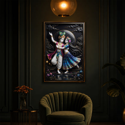 Radha Krishna Dancing Together Modern Luxury Backlight Vertical Wall Art