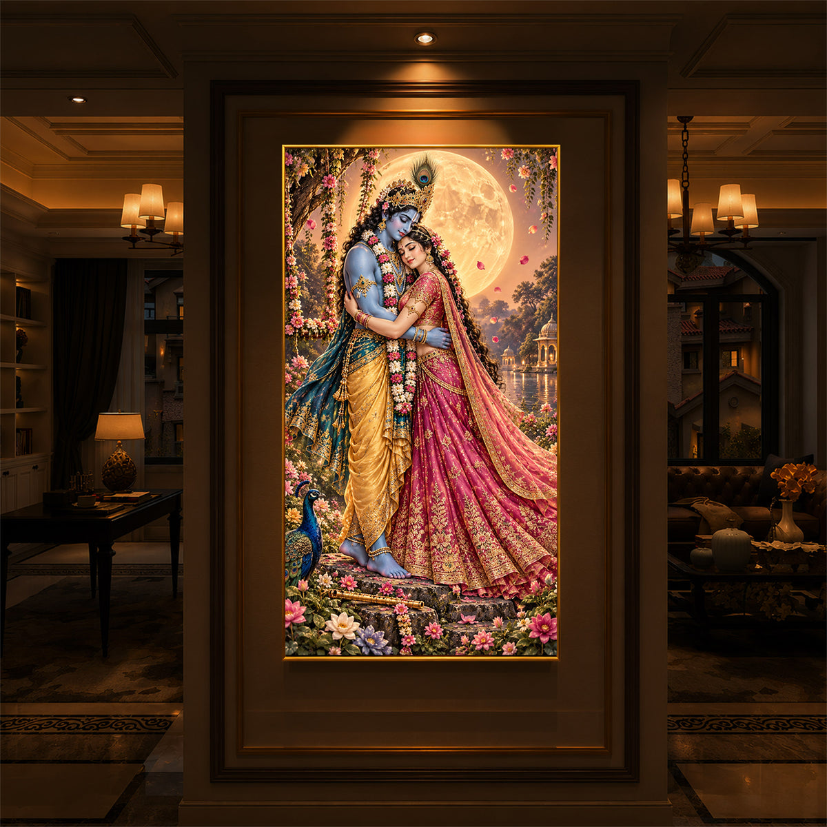 Divine Love of Krishna Radha Modern Luxury Backlight Vertical Wall Art
