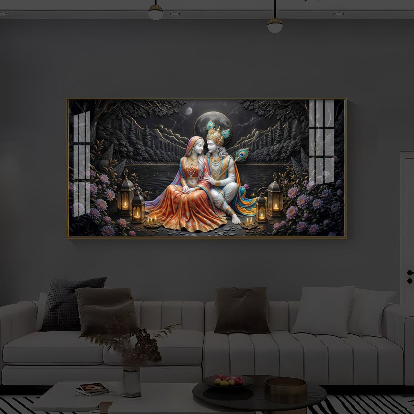 Hindu Deity Radha Krishna Modern Luxury Backlight Horizontal Wall Art