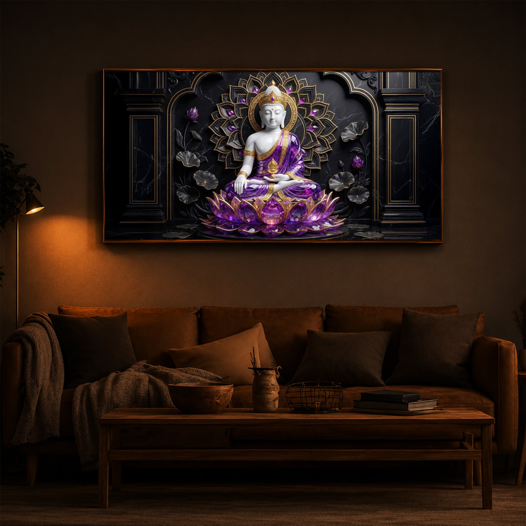 Buddha In Purple Robes Modern Luxury Backlight Horizontal Wall Art