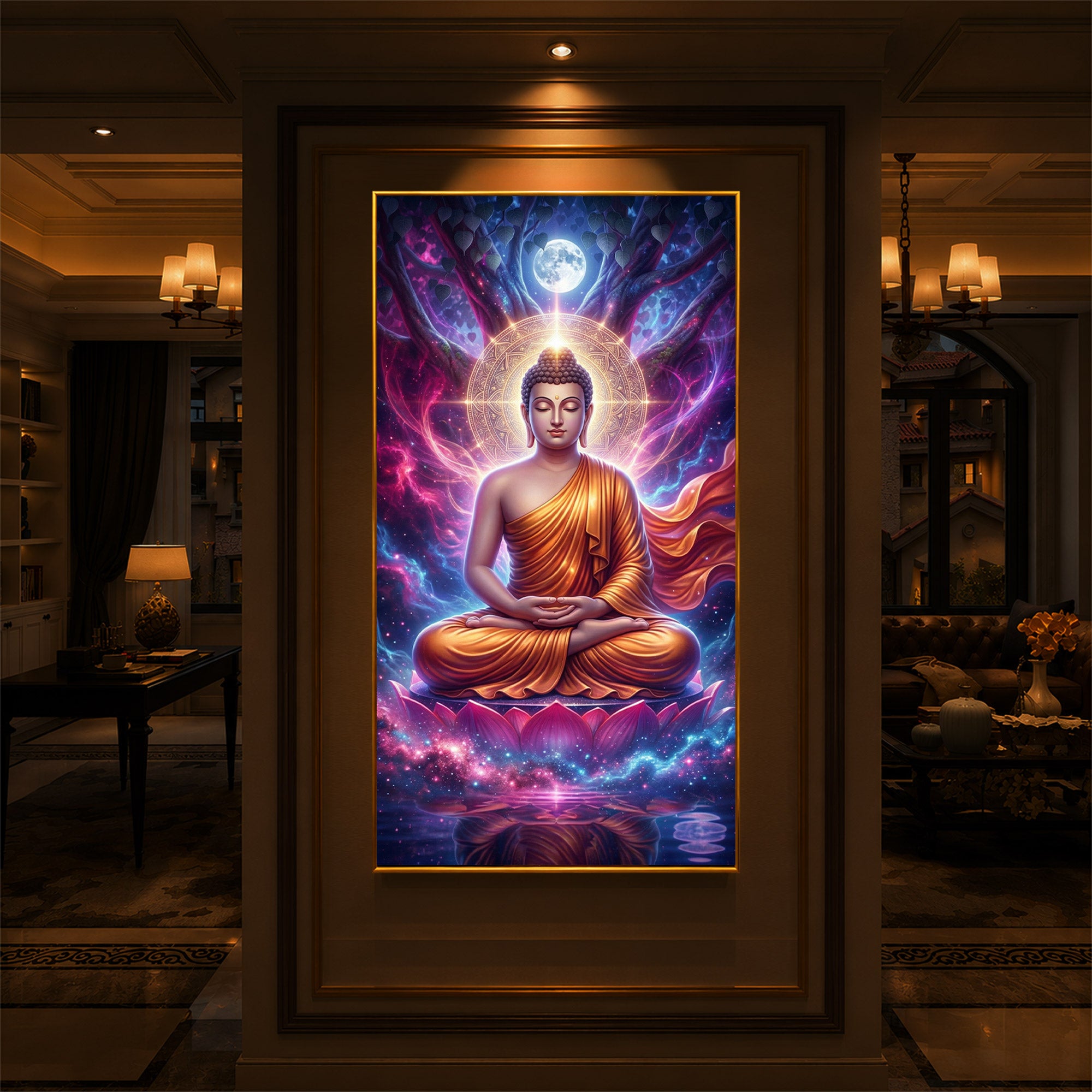 Lord Buddha Modern Luxury Backlight Vertical Wall Art